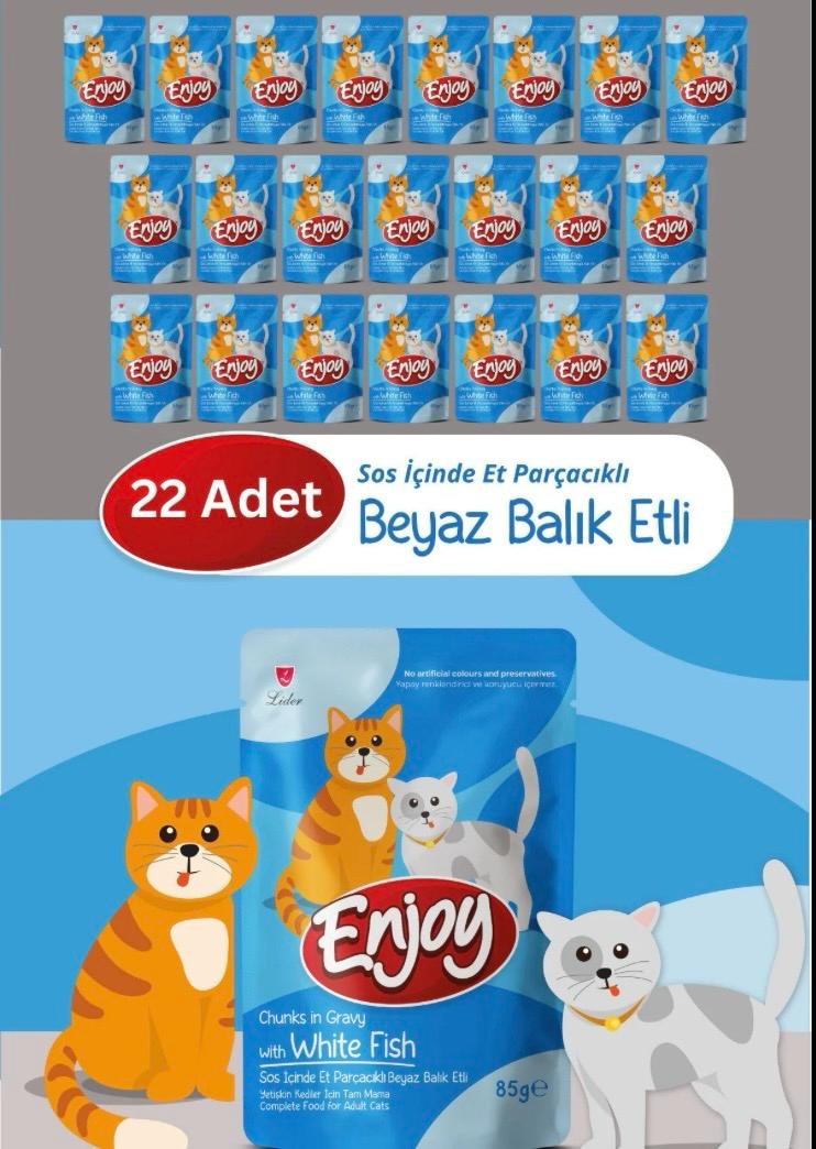 Enjoy Sos İçinde Et Parçacıklı Beyaz Balık Etli Yaş Kedi Maması (22 x 85 g) – Avantaj Paketi