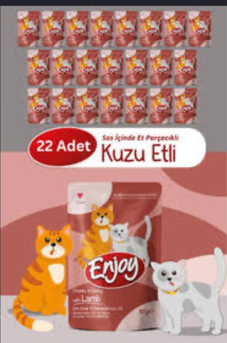 Enjoy Sos İçinde Et Parçacıklı Kuzu Etli Yaş Kedi Maması (22 x 85 g) – Avantaj Paketi