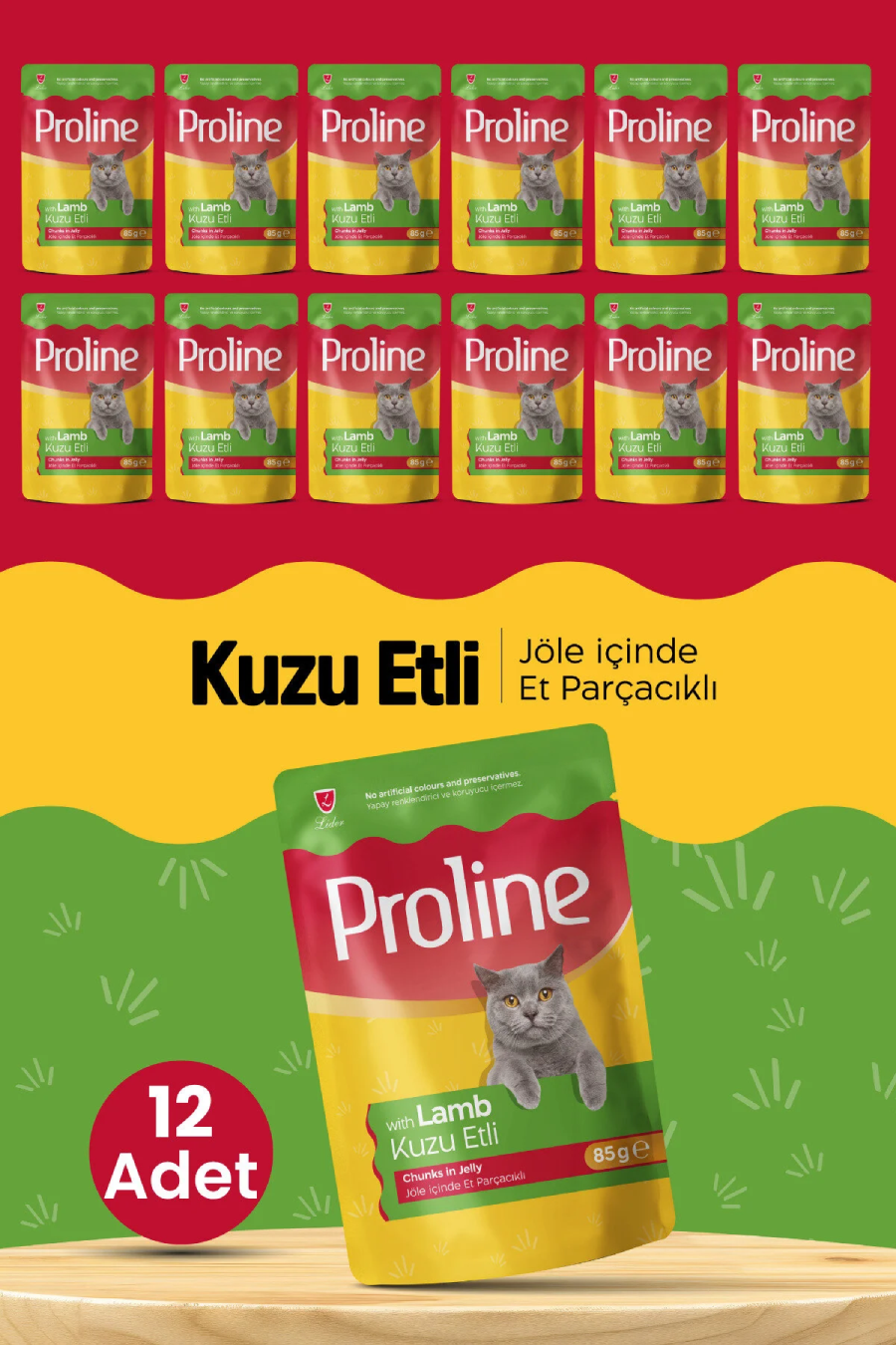 Proline Jöle İçinde Et Parçacıklı Kuzu Etli Yaş Kedi Maması (12 x 85g)